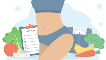 Healthy lifestyle, weight loss and nutrition consultation concept. Woman body with diet plan on clipboard, weight scale, measuring tape, fruits and vegetables on background.