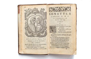 Fototapeta na wymiar Portrait of Petrarch and Laura with an epitaph on engraving from the 1551s