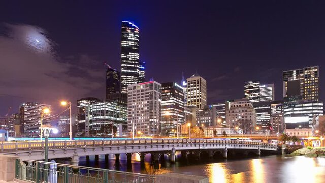 Time lapse of traffic and trains at night on the Yarra River from Southbank in Melbourne