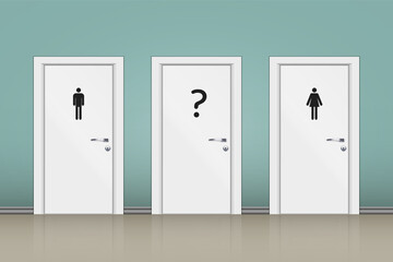 Toilets WC with three gender sign. Toilet sign concept with question mark for undecided gender. Vector Illustration.