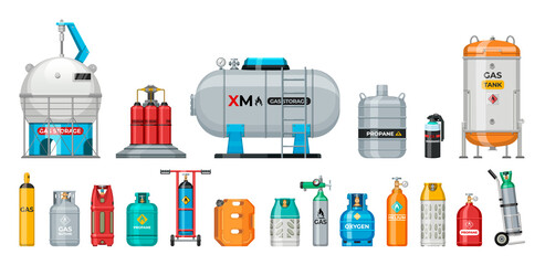 Set of vector gas cylinder. Cylindrical container with liquefied compressed gases with high pressure and valves isolated. Lpg gas-bottle and gas-cylinder. Safety fuel tank of helium butane acetylene
