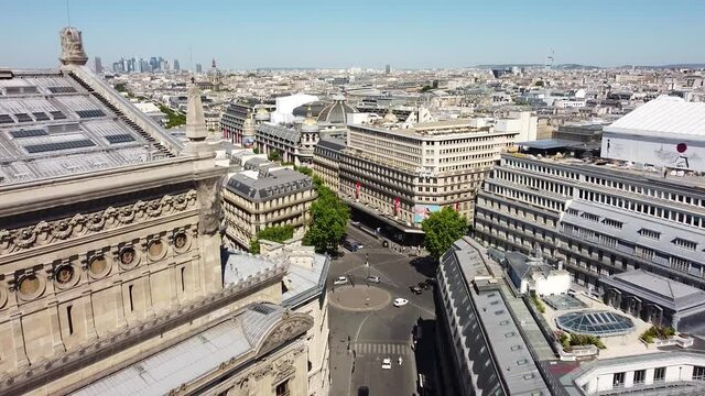 Aerial view with copy space of Boulevard Haussman and cityscape of Paris