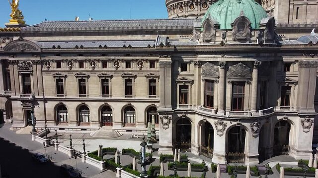 Aerial lowering at Palais Garnier Opera House in Paris. Sky for copyspace