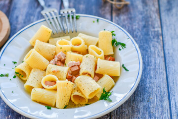 Home made italian pasta rigatoni  carbonara 