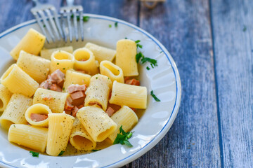  Fresh pasta rigatoni alla carbonara with  cream sauce  , egg, parmesan cheese ,olive oil and black pepper) 