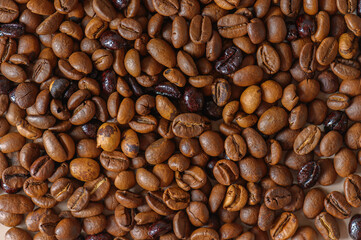 Coffee beans texture high quality background. Roasted coffee beans. Mixture of different kinds of roasted coffee beans background.