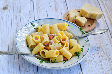  Fresh pasta rigatoni alla carbonara with  cream sauce  , egg, parmesan cheese ,olive oil and black pepper) 