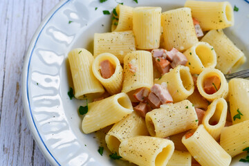  Fresh pasta rigatoni alla carbonara with  cream sauce  , egg, parmesan cheese ,olive oil and black pepper) 