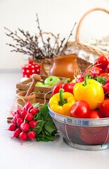 Fresh vegetables in basket on table kitchen. Stock photo.
