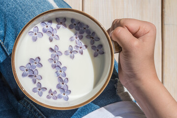 Cup with milk and small purple lilac flowers with hand