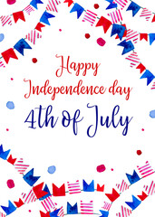Fototapeta premium 4th of July design template. USA Independence day. Composition with flags in colors of national flag. Hand drawn watercolor sketch illustration