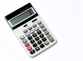 Calculator on white background, Top view