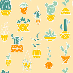 Doodle plant in faceted pot seamless pattern. Hand drawn leaves, succulents, cactus with poly yellow, orange flower pot. Cartoon home plants on light background. Cute polygonal interior illustration