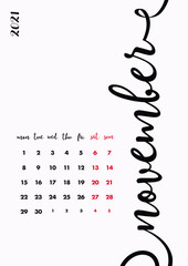 New Calendar Design 2021 Year. Page 12 - November. Creative Desk, Wall, Office Calendar 2021. Diary Planner 2021. Personal Organizer Company Calendar 2021. Calligraphy, Printable and Editable Layout.