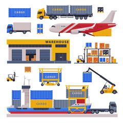 Logistic and Delivery Set, Warehouse Storage Building and Cargo Freight Transportation Vehicles Flat Style Vector Illustration on White Background - obrazy, fototapety, plakaty