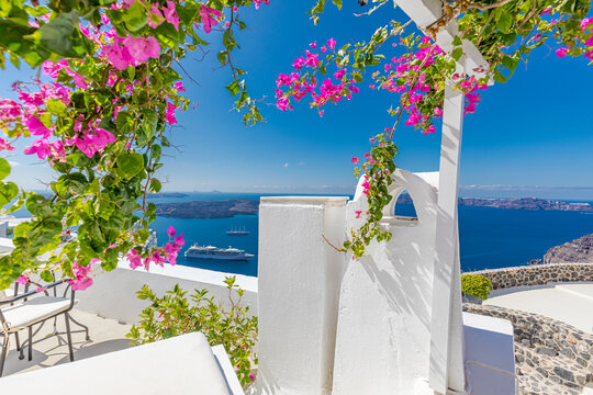 White architecture on Santorini island, Greece. Beautiful summer landscape, sea view. Summer travel destination, romantic freedom vacation background. Amazing colors, tranquil, inspirational landscape