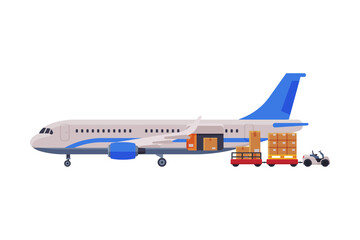 Cargo Jet Airplane, Freight Cargo Transport with Cardboard Boxes and Forklift Flat Style Vector Illustration on White Background