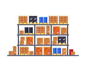 Warehouse Shelves with Cardboard Boxes Flat Style Vector Illustration on White Background