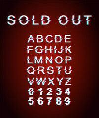 Sold out glitch font template. Retro futuristic style vector alphabet set on maroon background. Capital letters, numbers and symbols. Marketing sale typeface design with distortion effect