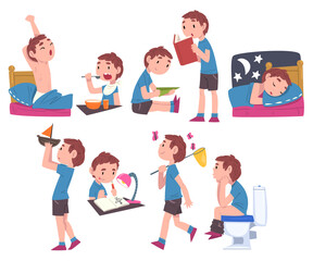 Cute Boy Daily Routine Activities Set, Child Waking Up, Eating Breakfast, Playing with Toys, Reading Book, Peeing, Sleeping at Night Cartoon Style Vector Illustration