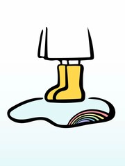 Rain boots and puddle with rainbow reflected, hand drawn, vector.