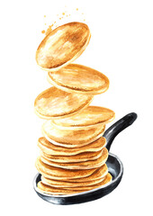Flying pancakes and frying pan. Hand drawn watercolor illustration, isolated on white background