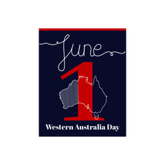 Calendar sheet, vector illustration on the theme of Western Australia Day. June 1. Decorated with a handwritten inscription – JUNE and linear map of Australia.
