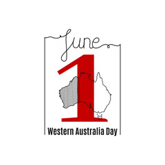 Vector illustration on the theme of Western Australia Day. June 1. Decorated with a handwritten inscription – JUNE and linear map of Australia.