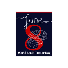 Calendar sheet, vector illustration on the theme of World Brain Tumor Day on June 8. Decorated with a handwritten inscription - JUNE and stylized linear brain.