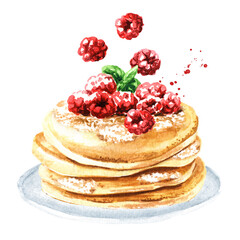 Stack of pancakes with sweet maple syrup or honey and fresh  raspberries falling on the pancakes. Hand drawn watercolor illustration isolated on white background