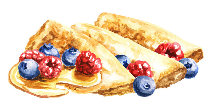 Thin pancakes with sweet maple syrup or honey and fresh raspberries and blueberries. Hand drawn watercolor illustration isolated on white background