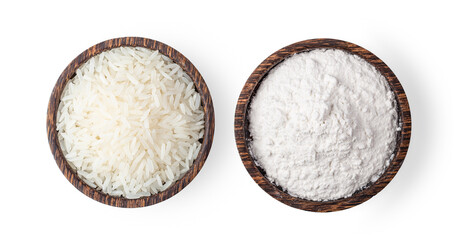 rice grains and pile of flour in wood bowl isolated on white background.