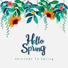 Hello spring typography. Lettering spring season with leaf and tropical flowers for greeting card, invitation template, retro, vintage banner, poster, background and label tag spring sale.