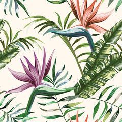 Materiał do szycia Beautiful multi colored exotic tropical flowers strelitzia and green palm, banana, fern leaves seamless vector pattern on white background. Beach summer trendy illustration.