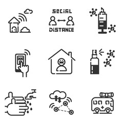 Icon set of activity during Covid-19 virus pandemic, Stay home , keep social distance, online shopping, cloud technology