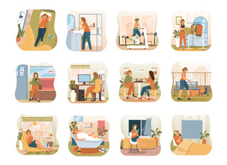 Daily life of a young woman. Set of daily routine scenes. Waking up in the morning, brushing teeth, doing sports, working, taking a bath and going to sleep