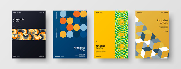 Fototapeta premium Company identity brochure template collection. Business presentation vector A4 vertical orientation front page mock up set. Corporate report cover abstract geometric illustration design layout bundle.