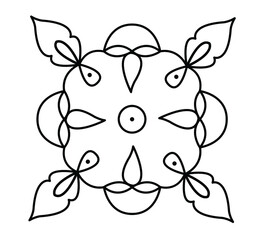 Indian cultural Rangoli design concept of floral line art with lamps and leaves isolated on white background 