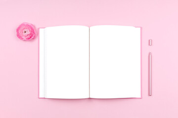Journal with ranunculus flower. Beauty time, selfcare, beauty, woman health, period log, feminine journal concept. Place for text