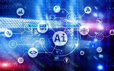 Fototapeta na wymiar Artificial Intelligence. AI. Infographic illustration on fantastic computer center.