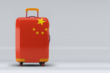 China national flag on a stylish suitcases on color background. Space for text. International travel and tourism concept. 3D rendering.
