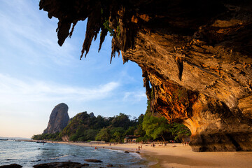 Clear water, blue sky at cave beach Phra Nang, Krabi province, Thailand.