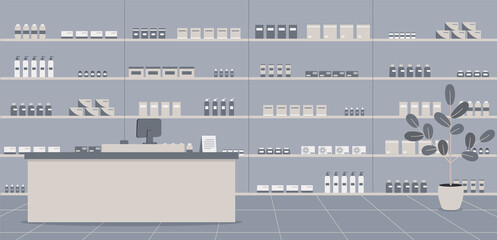 Pharmacy interior with no people. There are a counter for pharmacist, shelves with a wide range of medicines and other medical products in drugstore.Raster  colourful illustration