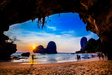 Clear water, blue sky at cave beach Phra Nang, Krabi province, Thailand.