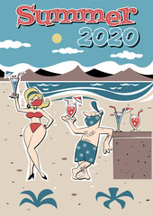 Quarantine Summer 2020,  Covid 19 Prevention Fashion Illustration, Comic Characters, Beach Party, Bikini and Alcoholic drinks