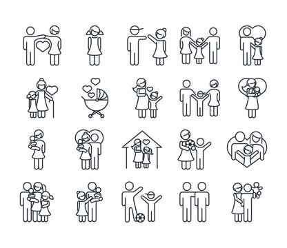 family day, father mother kids grandparents characters, set icon in outline style