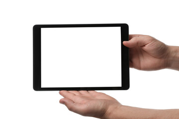 Man holding tablet computer with blank screen on white background, closeup. Modern gadget