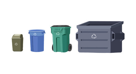 House trash bins. Garbage cans of different sizes. Garbage processing. Container. Colorful recycle trash buckets. Vector isolated illustration in a flat style on a white background. - obrazy, fototapety, plakaty