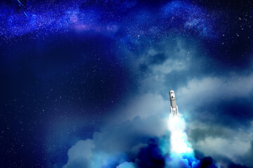 Launched rocket in flight, night starry sky background. Space mission