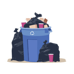 House trash bin. Cardboard box. Heap of rubbish. Garbage bag. Container.